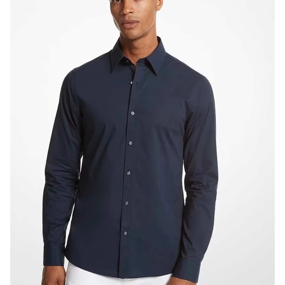 Michael Kors Mens Slim Fit Dress Shirt Navy Blue Stretch BSHRS-SJY0072 Size 18R